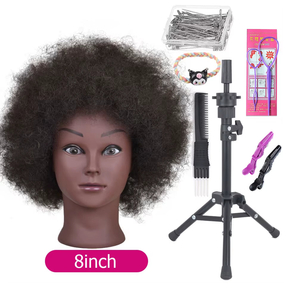 Afro Mannequin Heads with 100%Real Hair with Adjustable Tripod Hairdressing Dolls Training Head for Practice Styling Braiding