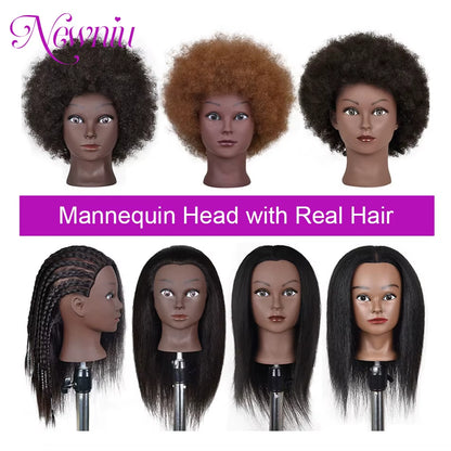 Afro Mannequin Heads with 100%Real Hair with Adjustable Tripod Hairdressing Dolls Training Head for Practice Styling Braiding