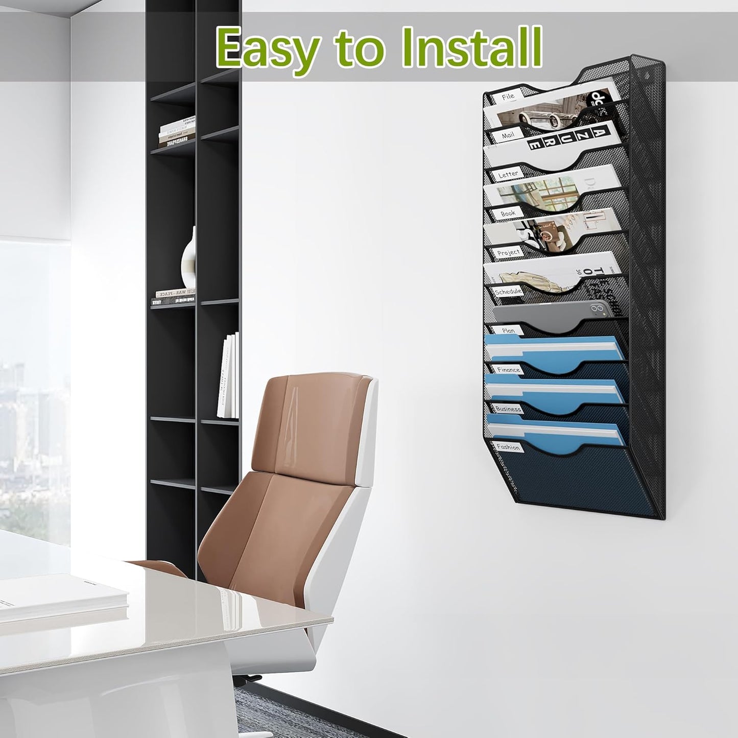 10 Pocket Mesh Hanging Wall File Organizer, Easily File Managment and Classification, Space Saving Wall Mount Filing Holder for Office Home Classroom, Black