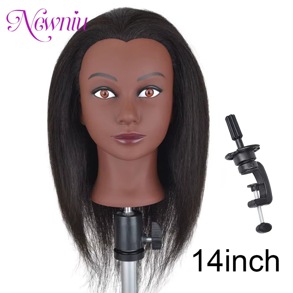 Afro Mannequin Heads with 100%Real Hair with Adjustable Tripod Hairdressing Dolls Training Head for Practice Styling Braiding