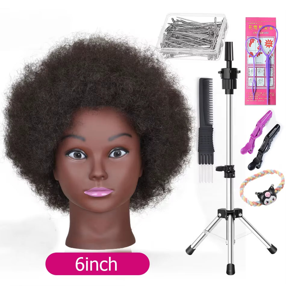Afro Mannequin Heads with 100%Real Hair with Adjustable Tripod Hairdressing Dolls Training Head for Practice Styling Braiding