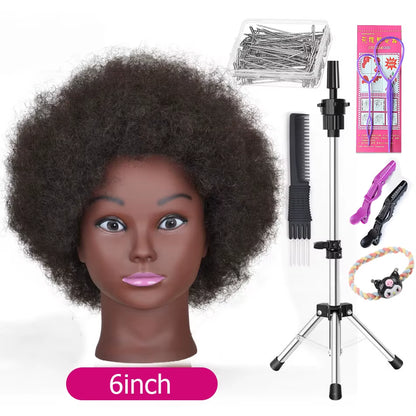 Afro Mannequin Heads with 100%Real Hair with Adjustable Tripod Hairdressing Dolls Training Head for Practice Styling Braiding