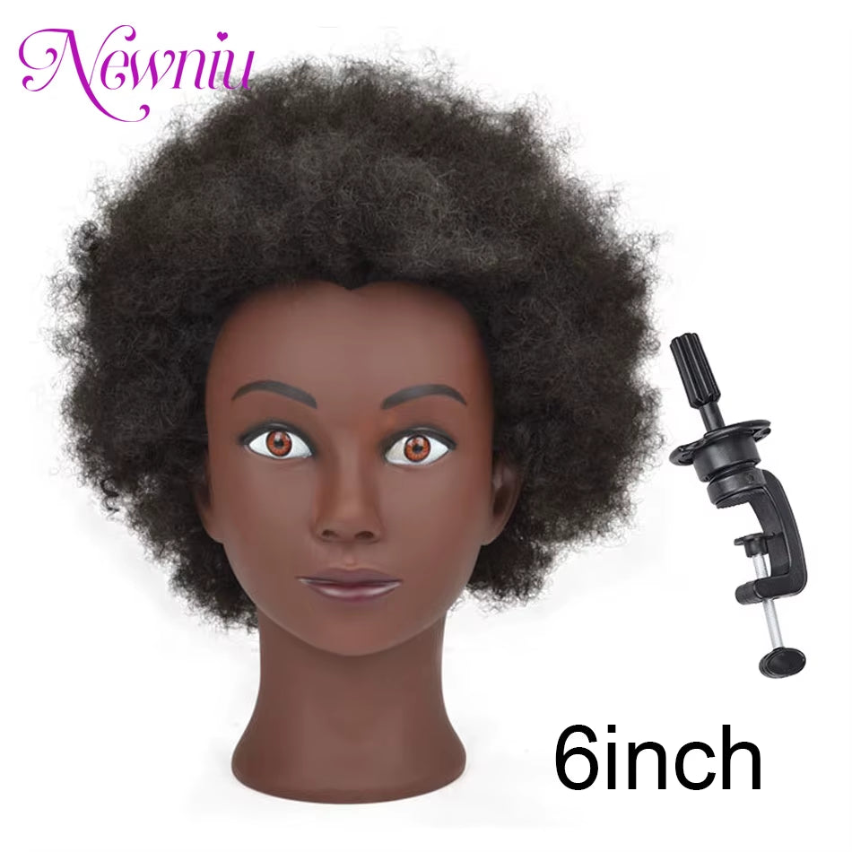 Afro Mannequin Heads with 100%Real Hair with Adjustable Tripod Hairdressing Dolls Training Head for Practice Styling Braiding
