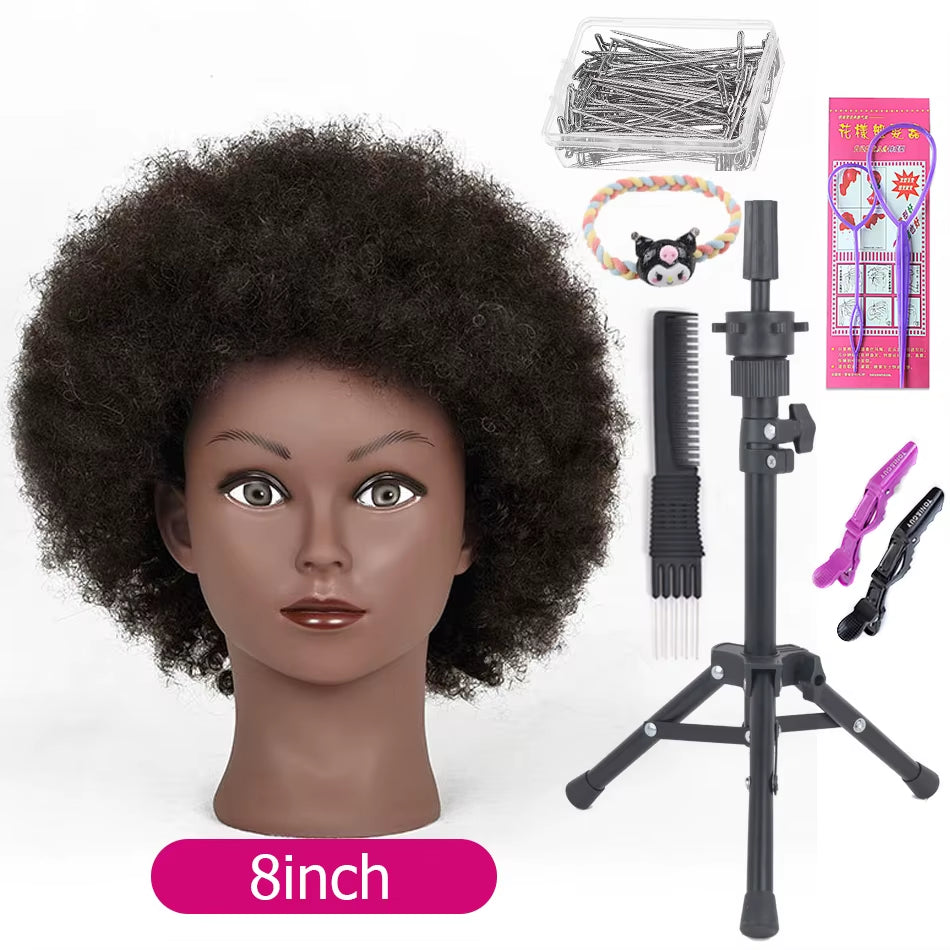 Afro Mannequin Heads with 100%Real Hair with Adjustable Tripod Hairdressing Dolls Training Head for Practice Styling Braiding