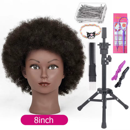 Afro Mannequin Heads with 100%Real Hair with Adjustable Tripod Hairdressing Dolls Training Head for Practice Styling Braiding