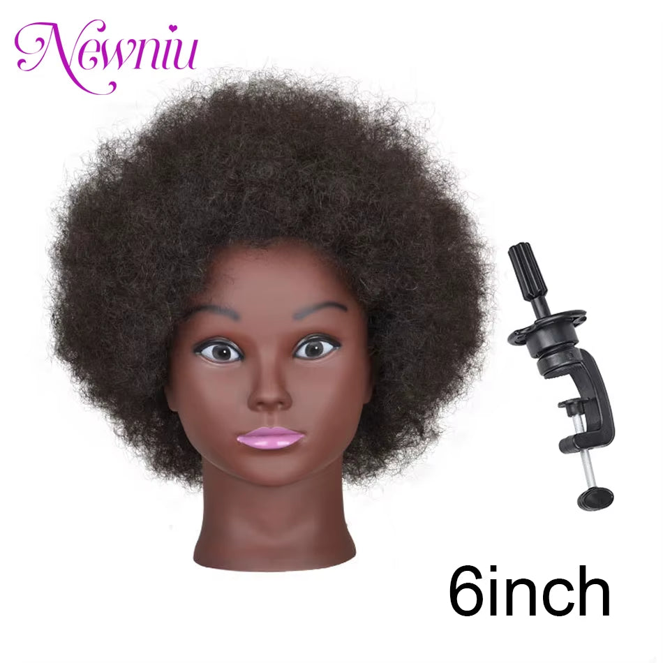 Afro Mannequin Heads with 100%Real Hair with Adjustable Tripod Hairdressing Dolls Training Head for Practice Styling Braiding