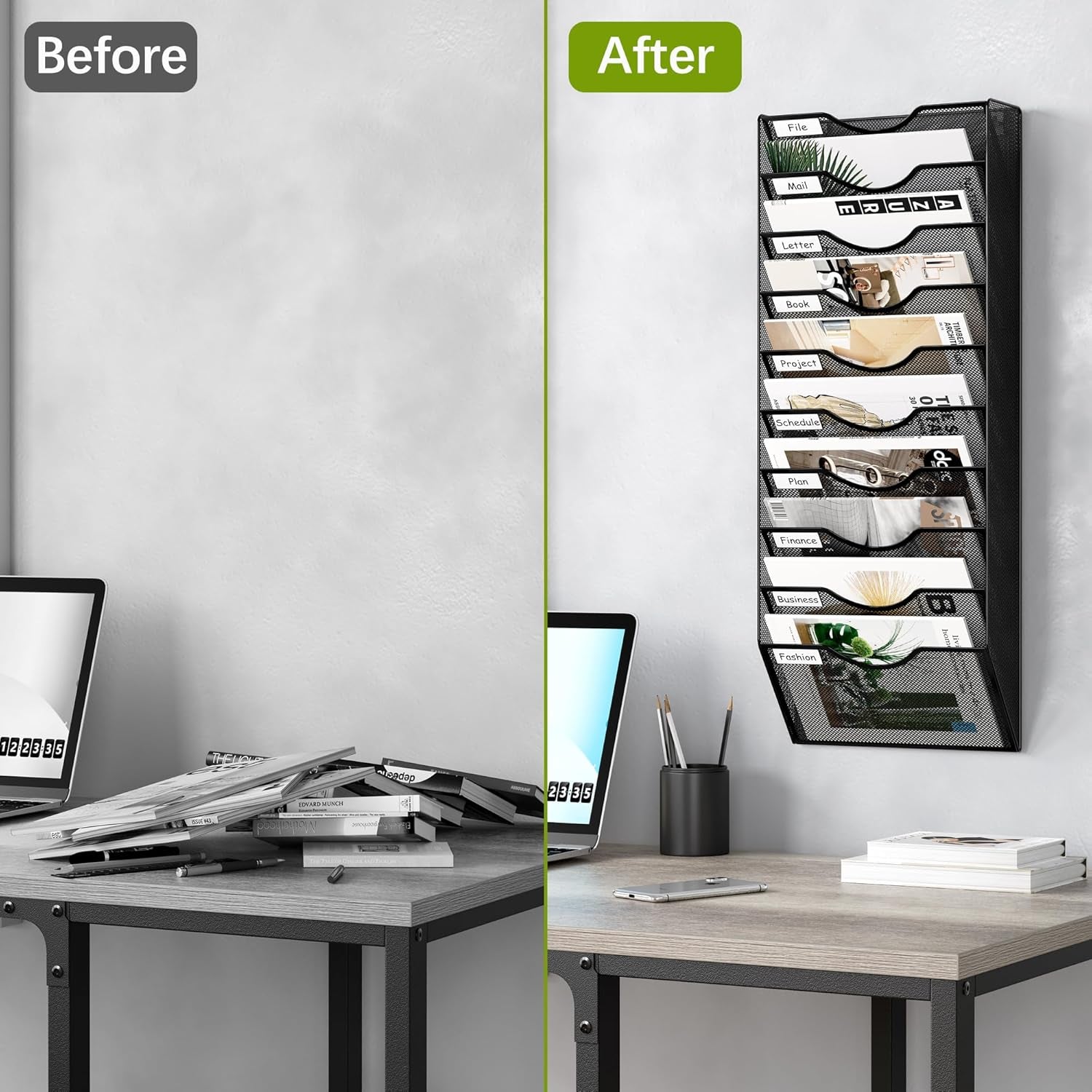 10 Pocket Mesh Hanging Wall File Organizer, Easily File Managment and Classification, Space Saving Wall Mount Filing Holder for Office Home Classroom, Black