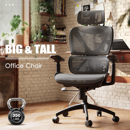 Ergonomic Office Chair, Big and Tall Mesh Chair with Lumbar Support, 3D Armrest - 215° Rotation, Adjustable Headrest & Soft Seat, Durable Desk Chair 350LBS for Work Gaming Computer,Grey