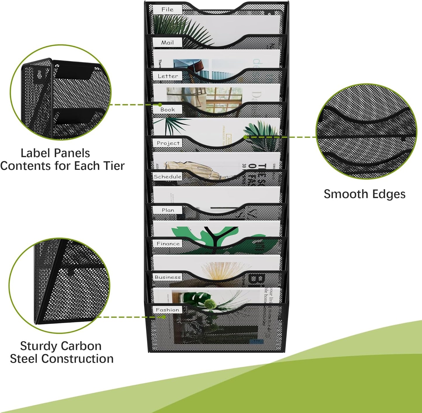 10 Pocket Mesh Hanging Wall File Organizer, Easily File Managment and Classification, Space Saving Wall Mount Filing Holder for Office Home Classroom, Black