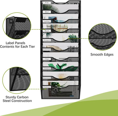 10 Pocket Mesh Hanging Wall File Organizer, Easily File Managment and Classification, Space Saving Wall Mount Filing Holder for Office Home Classroom, Black