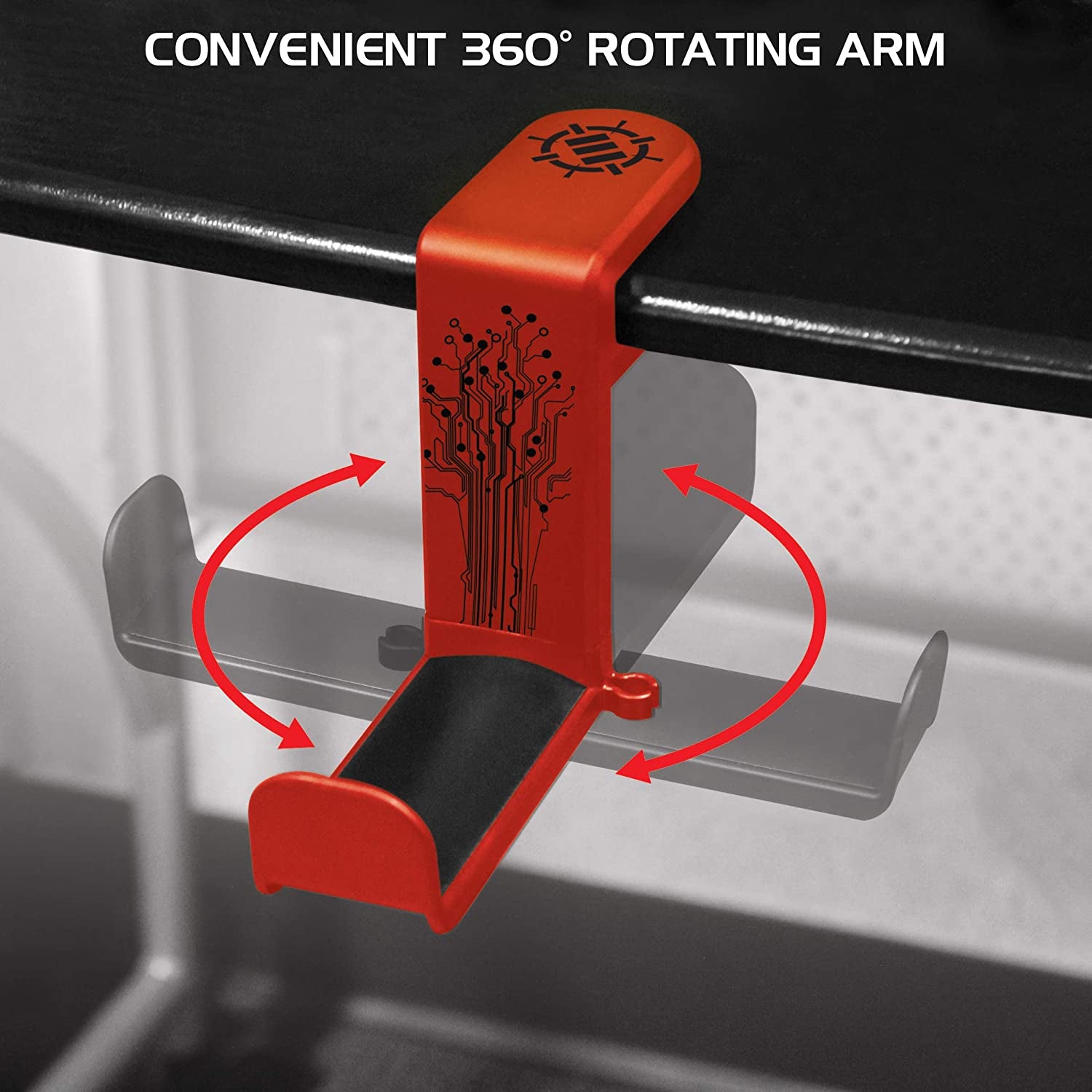PC Gaming Headset Holder - Desk Headphone Hanger with Adjustable 360 Rotation, under Desk Headphone Hook Clamp, Universal Fit - Built in Cable Clip Organizer - Red