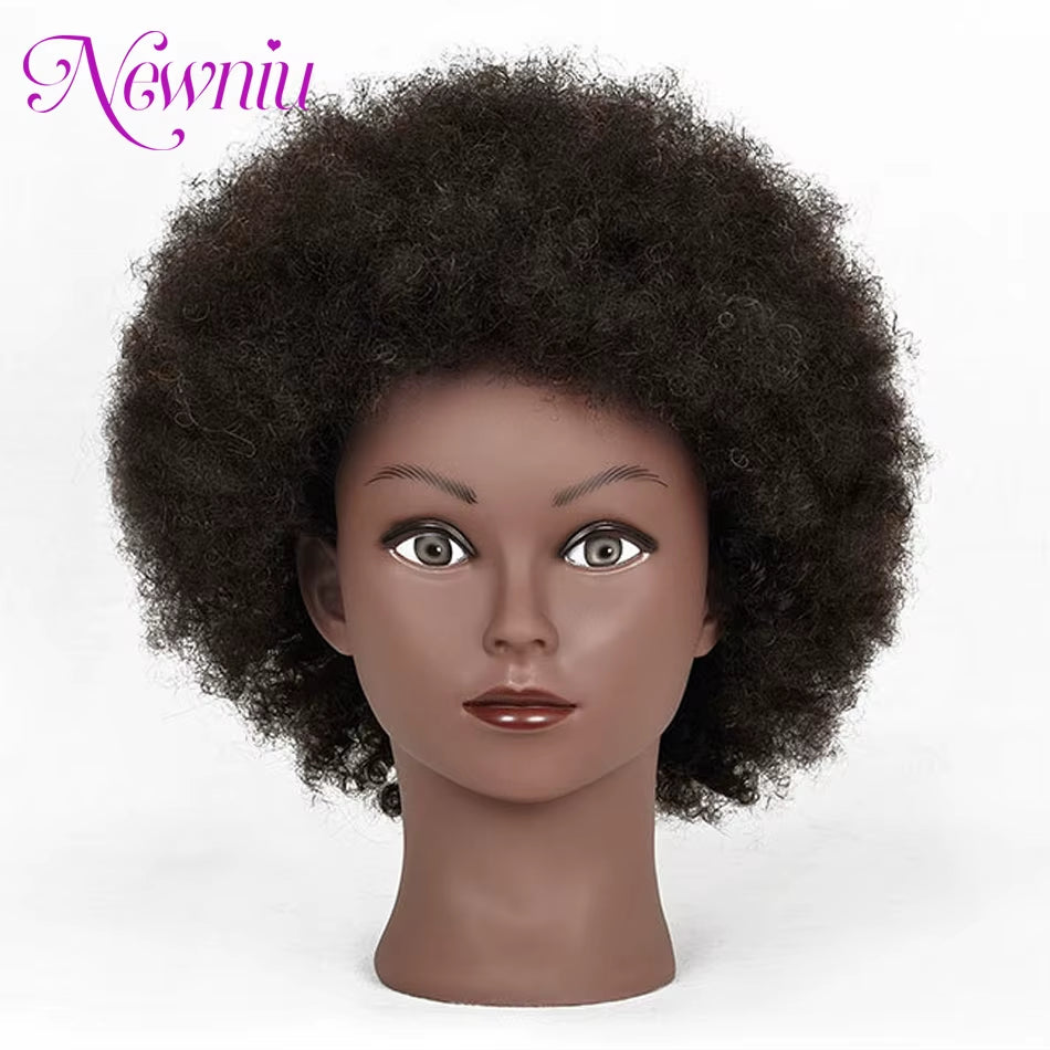 Afro Mannequin Heads with 100%Real Hair with Adjustable Tripod Hairdressing Dolls Training Head for Practice Styling Braiding