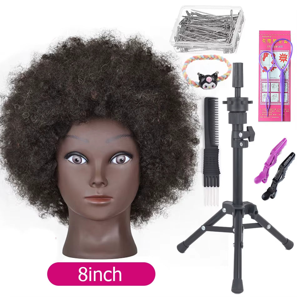 Afro Mannequin Heads with 100%Real Hair with Adjustable Tripod Hairdressing Dolls Training Head for Practice Styling Braiding