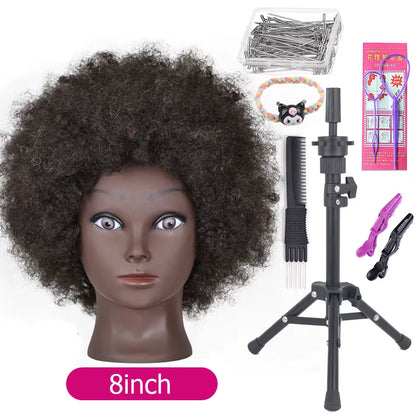 Afro Mannequin Heads with 100%Real Hair with Adjustable Tripod Hairdressing Dolls Training Head for Practice Styling Braiding