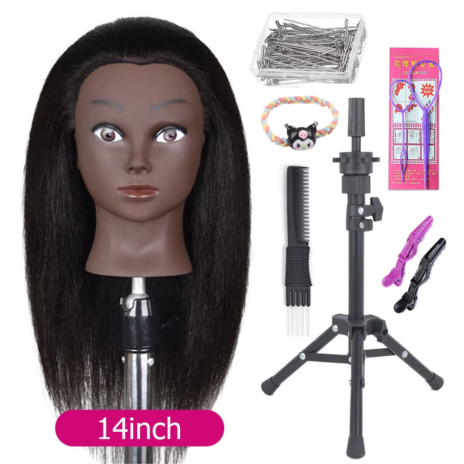 Afro Mannequin Heads with 100%Real Hair with Adjustable Tripod Hairdressing Dolls Training Head for Practice Styling Braiding