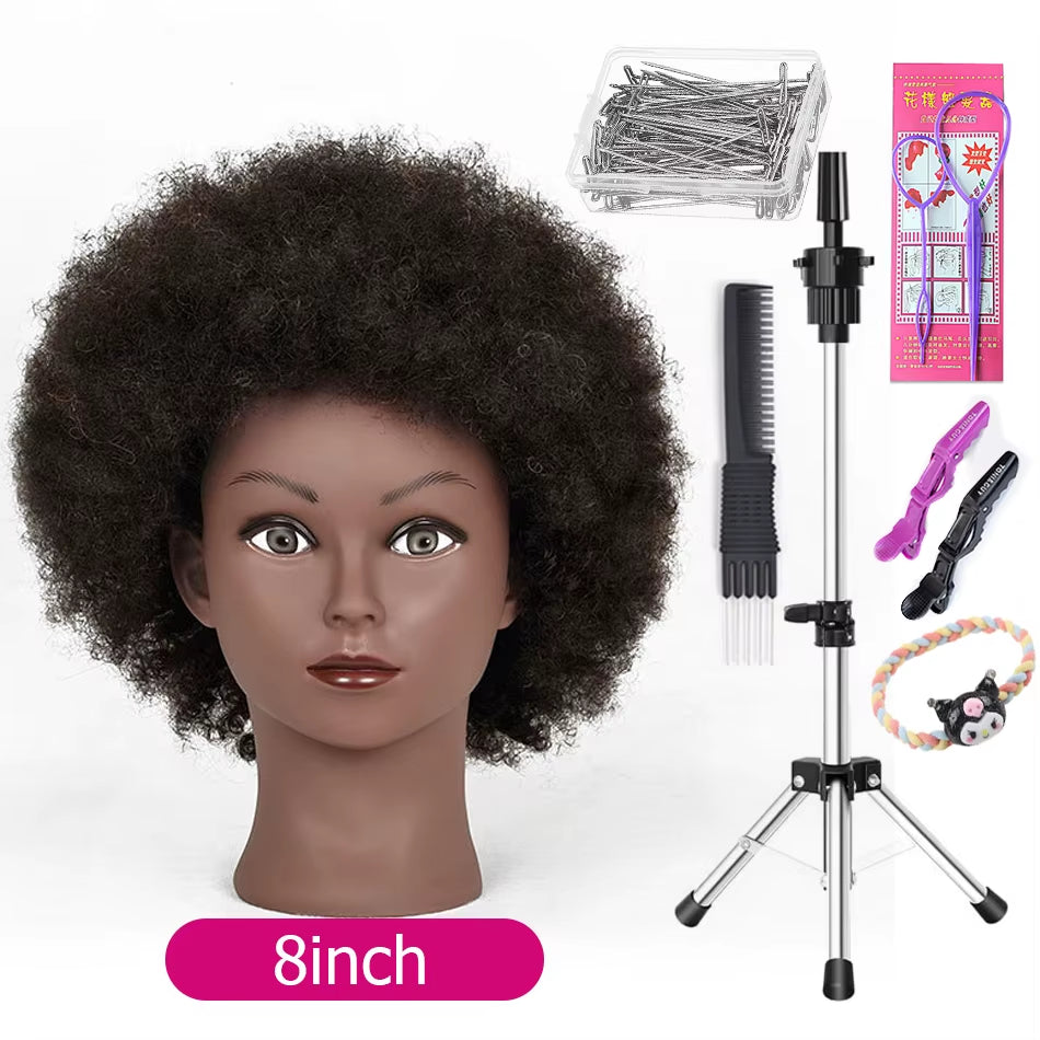 Afro Mannequin Heads with 100%Real Hair with Adjustable Tripod Hairdressing Dolls Training Head for Practice Styling Braiding