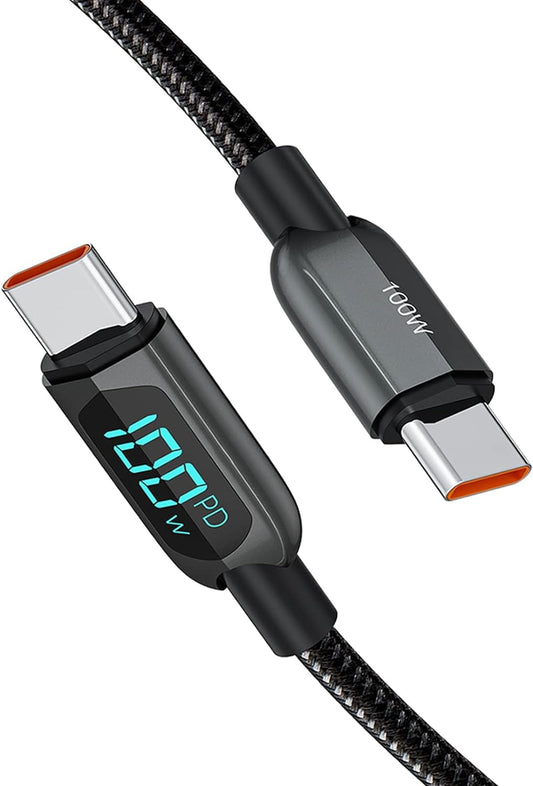 3.3FT USB C to USB C Cable 2-Pack PD 100W with LED Display, Durable USB C Cable Braided with Display for Ipad Air, Pro, Macbook Pro, Galaxy S23 Pixel Steam Deck PS5 1M Black