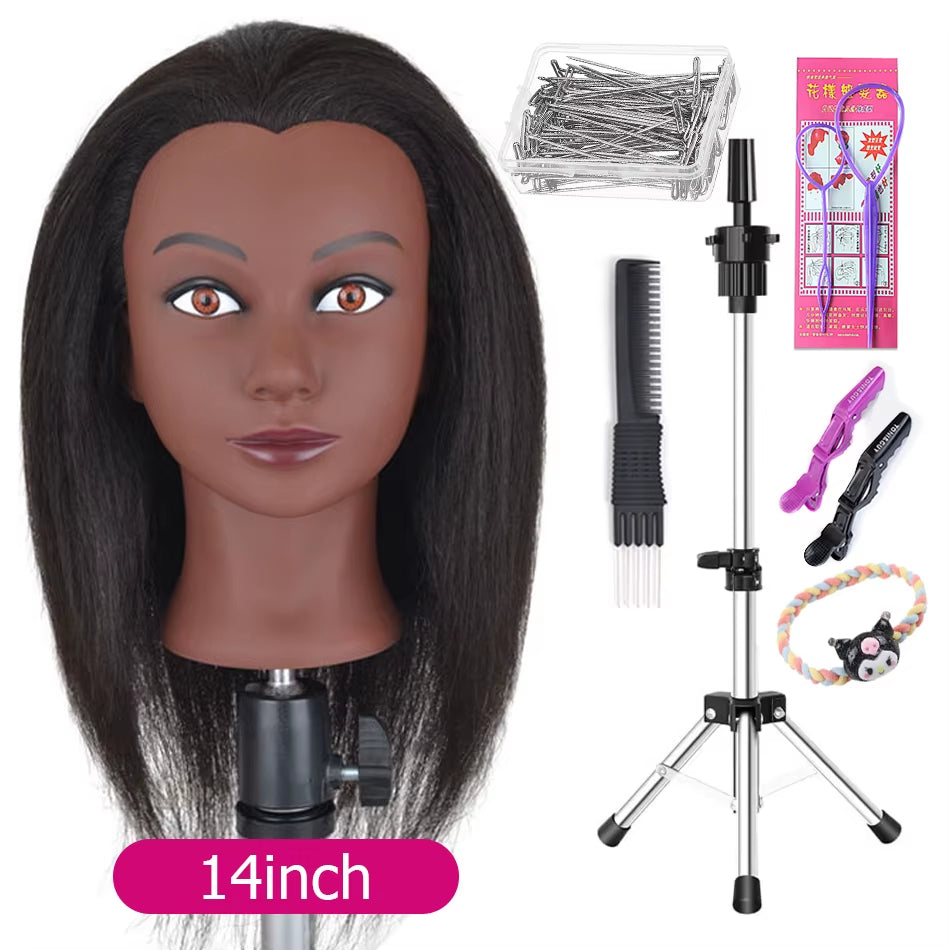 Afro Mannequin Heads with 100%Real Hair with Adjustable Tripod Hairdressing Dolls Training Head for Practice Styling Braiding