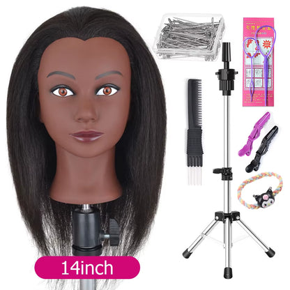 Afro Mannequin Heads with 100%Real Hair with Adjustable Tripod Hairdressing Dolls Training Head for Practice Styling Braiding