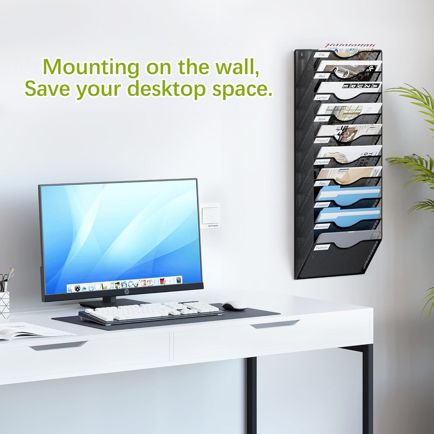 10 Pocket Mesh Hanging Wall File Organizer, Easily File Managment and Classification, Space Saving Wall Mount Filing Holder for Office Home Classroom, Black