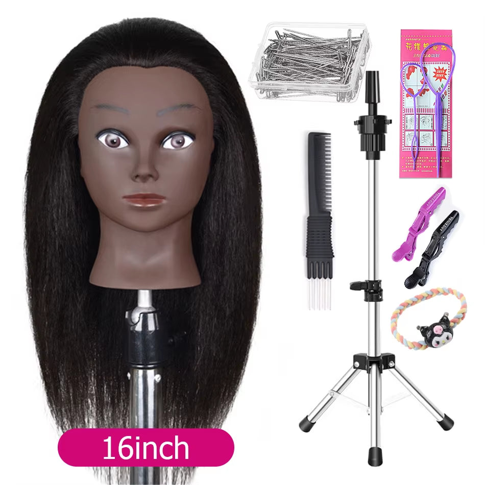Afro Mannequin Heads with 100%Real Hair with Adjustable Tripod Hairdressing Dolls Training Head for Practice Styling Braiding