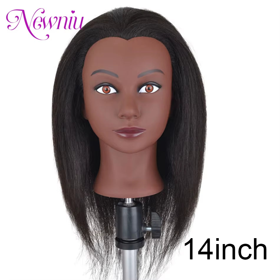 Afro Mannequin Heads with 100%Real Hair with Adjustable Tripod Hairdressing Dolls Training Head for Practice Styling Braiding