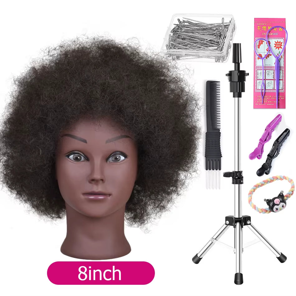 Afro Mannequin Heads with 100%Real Hair with Adjustable Tripod Hairdressing Dolls Training Head for Practice Styling Braiding