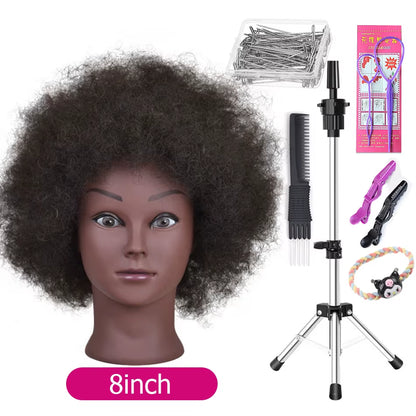 Afro Mannequin Heads with 100%Real Hair with Adjustable Tripod Hairdressing Dolls Training Head for Practice Styling Braiding