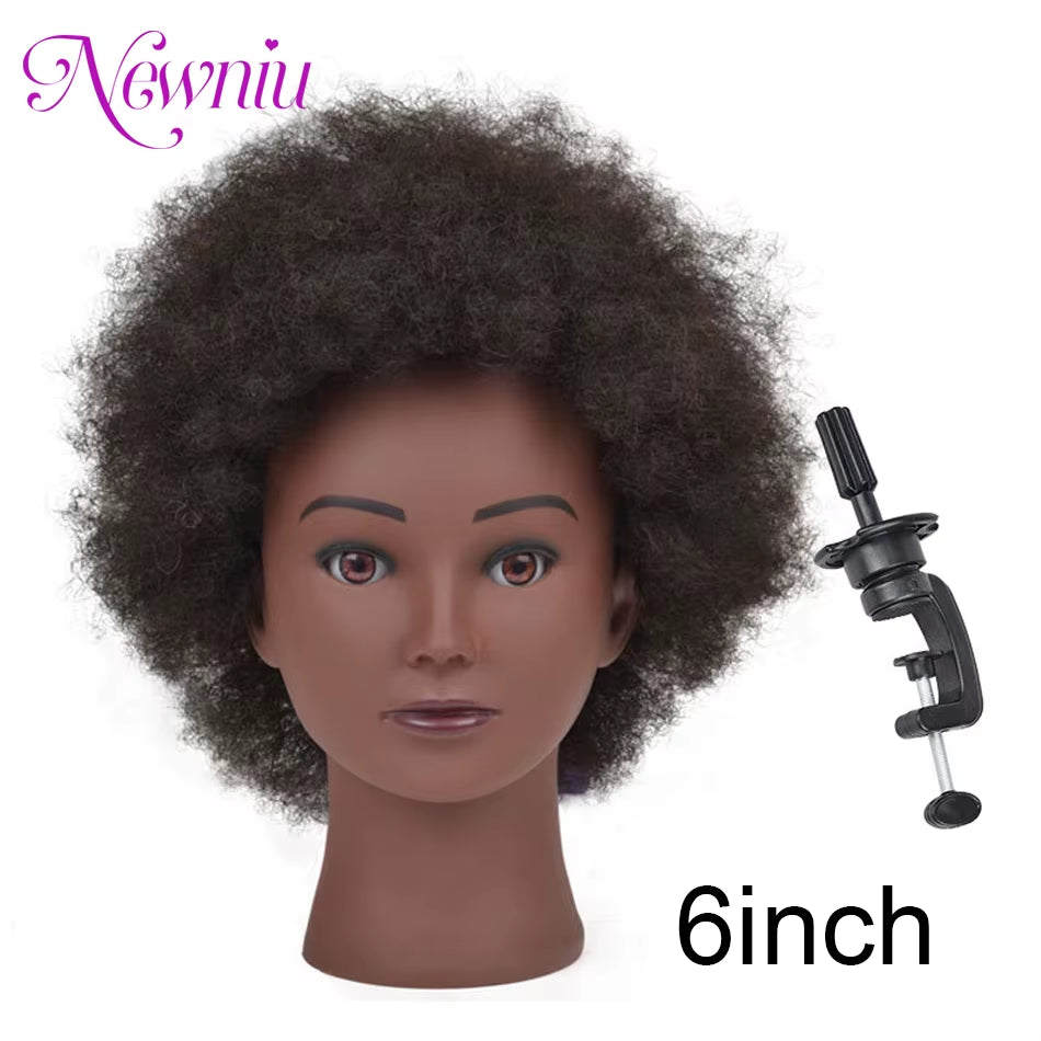 Afro Mannequin Heads with 100%Real Hair with Adjustable Tripod Hairdressing Dolls Training Head for Practice Styling Braiding