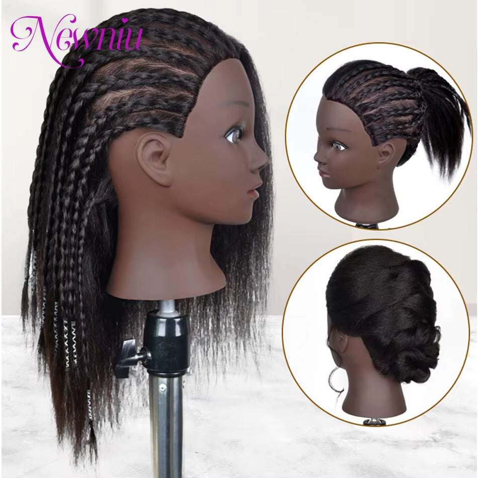 Afro Mannequin Heads with 100%Real Hair with Adjustable Tripod Hairdressing Dolls Training Head for Practice Styling Braiding
