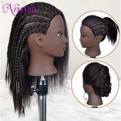Afro Mannequin Heads with 100%Real Hair with Adjustable Tripod Hairdressing Dolls Training Head for Practice Styling Braiding