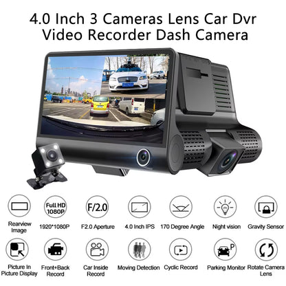 【Triple Lens System】4" 3-Channel Dash Cam - Front/Rear/Interior Car DVR with Night Vision, 24H Parking Mode, Loop Recording