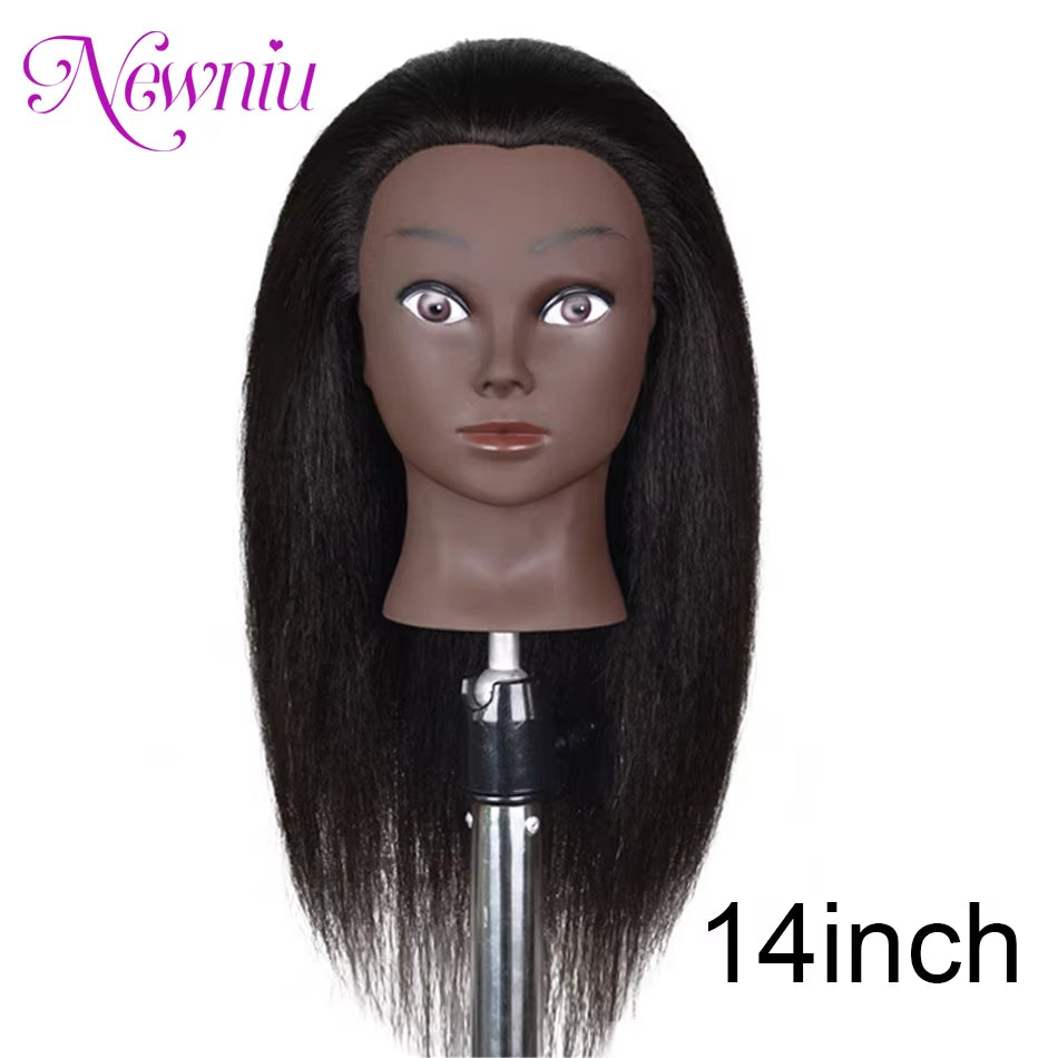 Afro Mannequin Heads with 100%Real Hair with Adjustable Tripod Hairdressing Dolls Training Head for Practice Styling Braiding