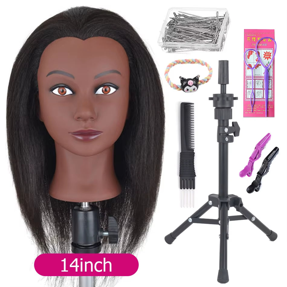 Afro Mannequin Heads with 100%Real Hair with Adjustable Tripod Hairdressing Dolls Training Head for Practice Styling Braiding
