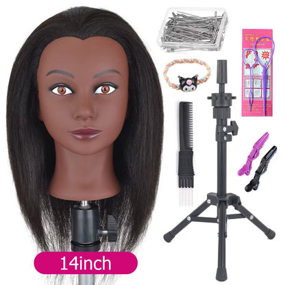 Afro Mannequin Heads with 100%Real Hair with Adjustable Tripod Hairdressing Dolls Training Head for Practice Styling Braiding