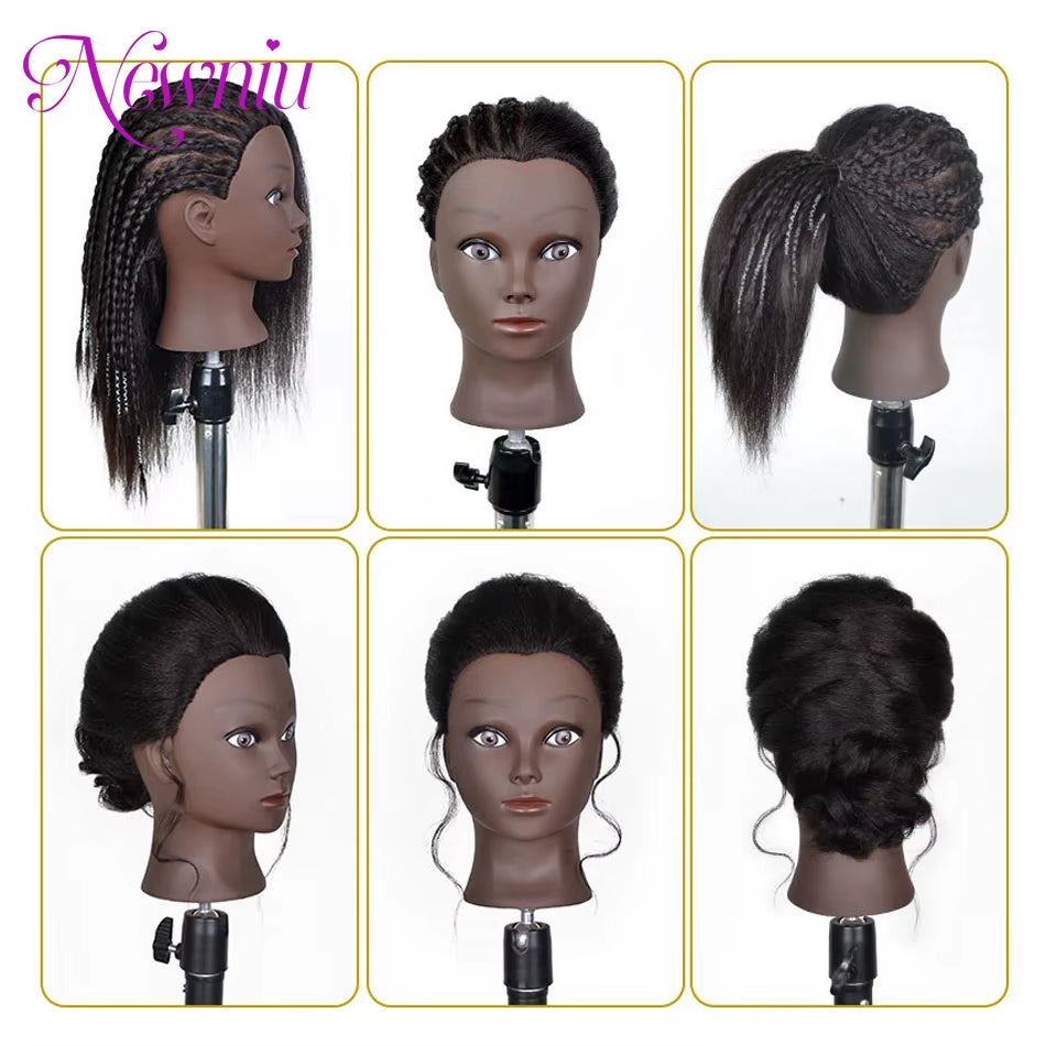 Afro Mannequin Heads with 100%Real Hair with Adjustable Tripod Hairdressing Dolls Training Head for Practice Styling Braiding