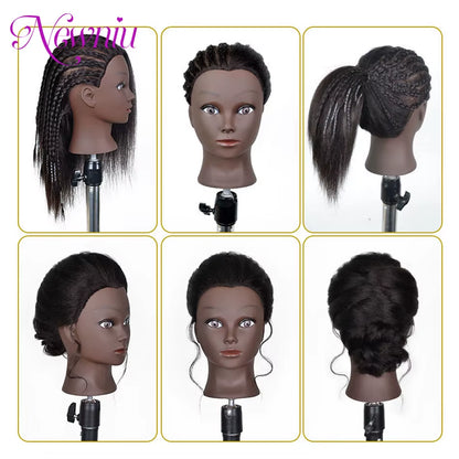 Afro Mannequin Heads with 100%Real Hair with Adjustable Tripod Hairdressing Dolls Training Head for Practice Styling Braiding