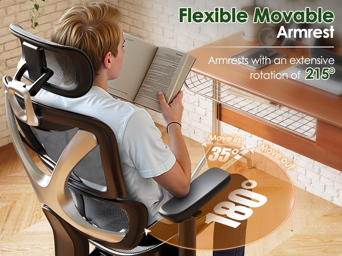 Ergonomic Office Chair, Big and Tall Mesh Chair with Lumbar Support, 3D Armrest - 215° Rotation, Adjustable Headrest & Soft Seat, Durable Desk Chair 350LBS for Work Gaming Computer,Grey