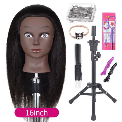 Afro Mannequin Heads with 100%Real Hair with Adjustable Tripod Hairdressing Dolls Training Head for Practice Styling Braiding