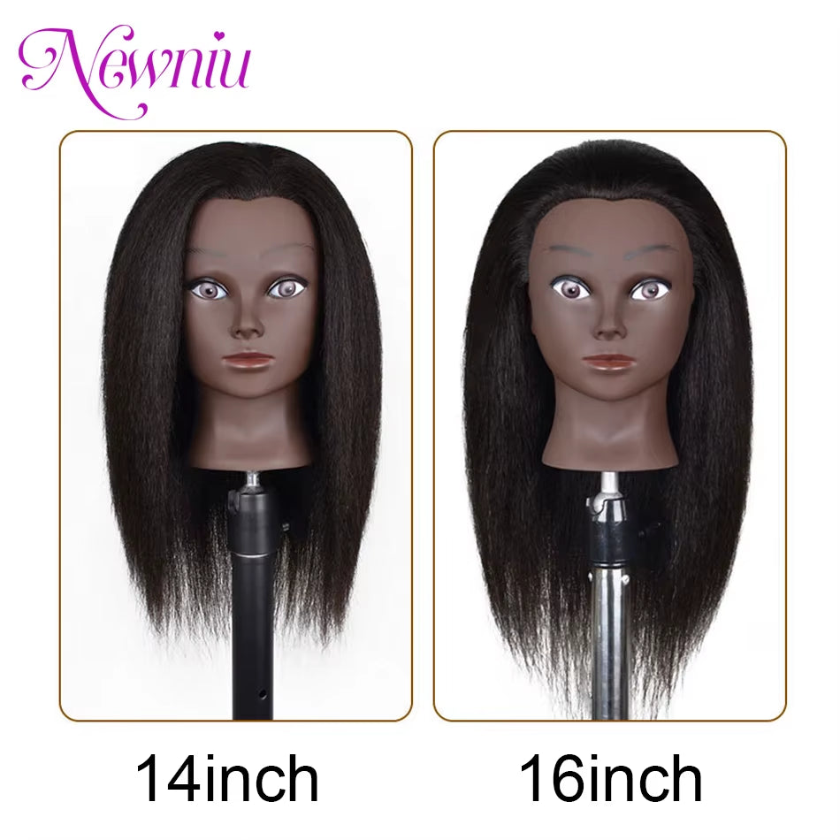 Afro Mannequin Heads with 100%Real Hair with Adjustable Tripod Hairdressing Dolls Training Head for Practice Styling Braiding