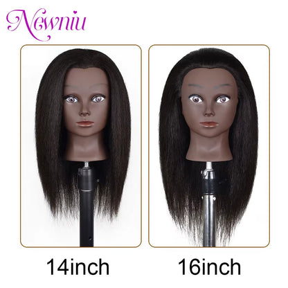 Afro Mannequin Heads with 100%Real Hair with Adjustable Tripod Hairdressing Dolls Training Head for Practice Styling Braiding