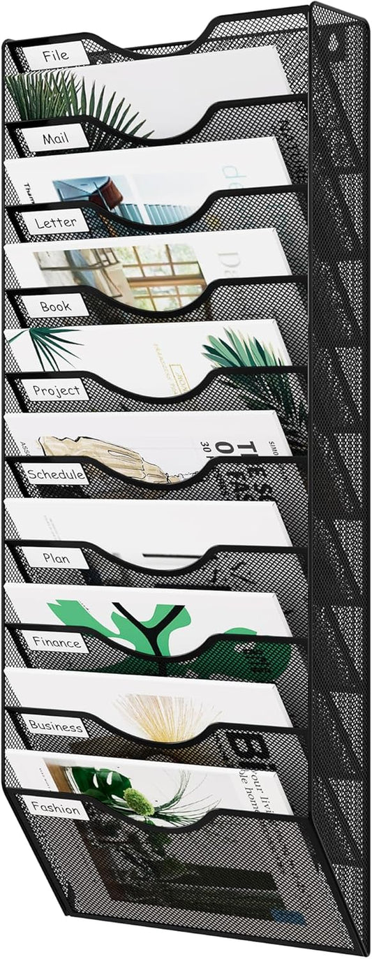 10 Pocket Mesh Hanging Wall File Organizer, Easily File Managment and Classification, Space Saving Wall Mount Filing Holder for Office Home Classroom, Black