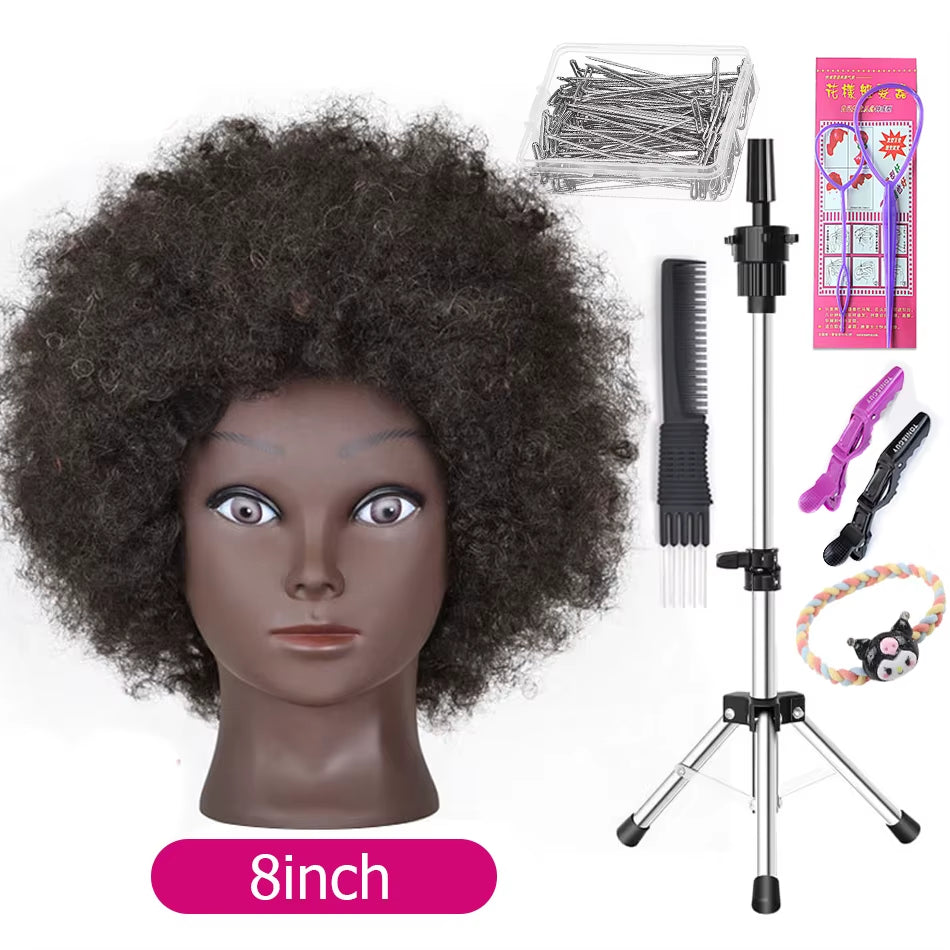 Afro Mannequin Heads with 100%Real Hair with Adjustable Tripod Hairdressing Dolls Training Head for Practice Styling Braiding