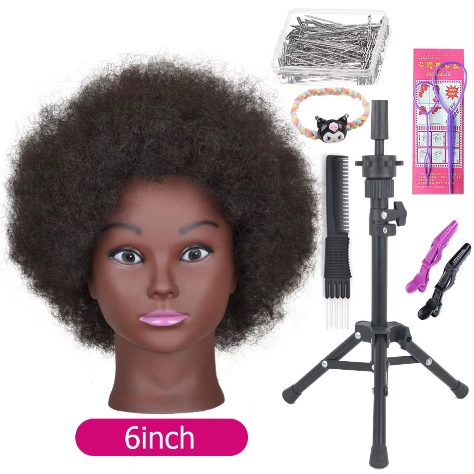 Afro Mannequin Heads with 100%Real Hair with Adjustable Tripod Hairdressing Dolls Training Head for Practice Styling Braiding