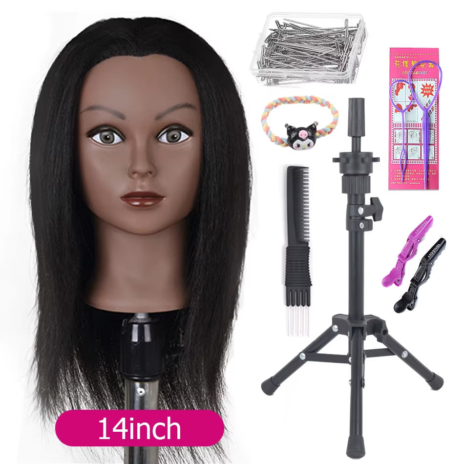 Afro Mannequin Heads with 100%Real Hair with Adjustable Tripod Hairdressing Dolls Training Head for Practice Styling Braiding