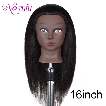 Afro Mannequin Heads with 100%Real Hair with Adjustable Tripod Hairdressing Dolls Training Head for Practice Styling Braiding