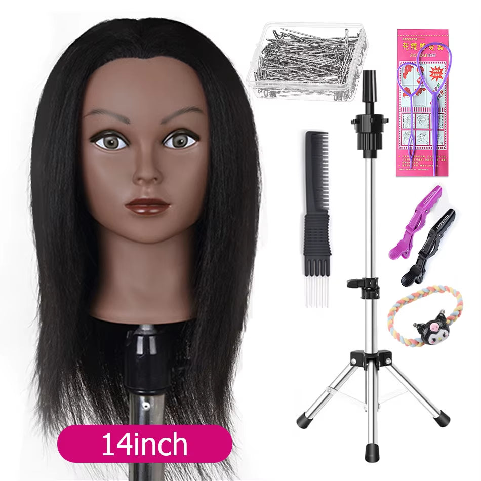 Afro Mannequin Heads with 100%Real Hair with Adjustable Tripod Hairdressing Dolls Training Head for Practice Styling Braiding